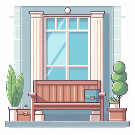 Illustration of a wooden bench in front of a window. Vector illustration.のイラスト素材