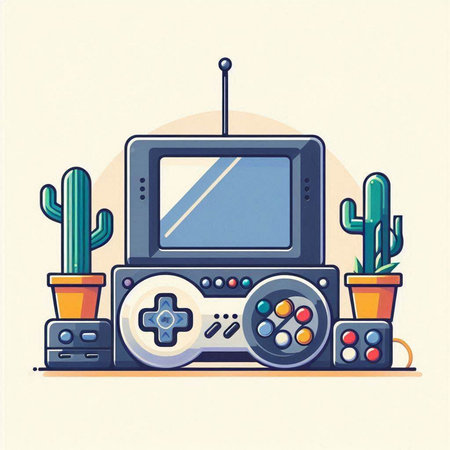 Retro video game console and cactuses. Vector illustration.のイラスト素材