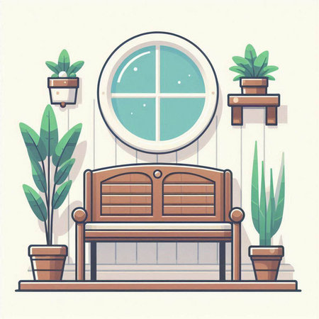 Vector illustration of a wooden bench in the living room with plants.のイラスト素材