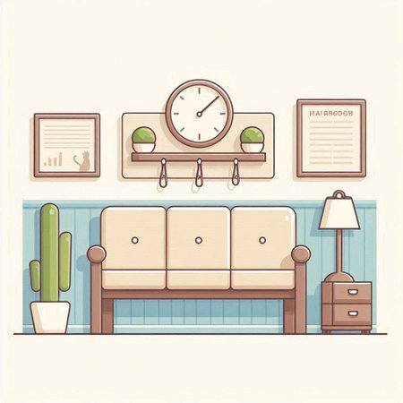 Interior of living room with furniture and clock. Vector illustration.のイラスト素材