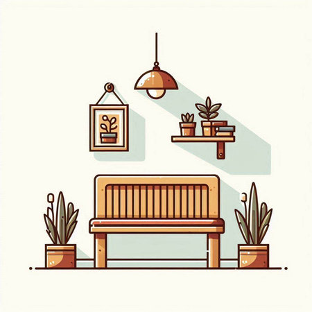 Vector illustration of a wooden bench in a cozy living room with plants in pots.のイラスト素材