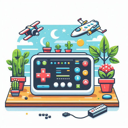 Vector illustration of video game console with remote control, drone, cactus, moon and star on white background.のイラスト素材