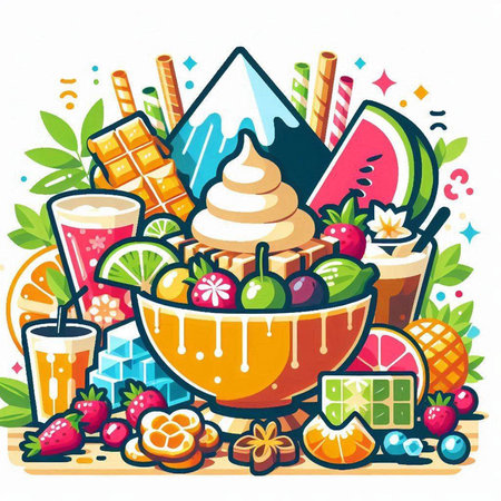 Colorful vector illustration of fruits in a bowl with ice cream.のイラスト素材