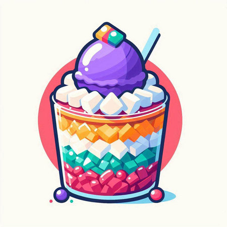 Colorful ice cream in a glass with a spoon. Vector illustration.のイラスト素材