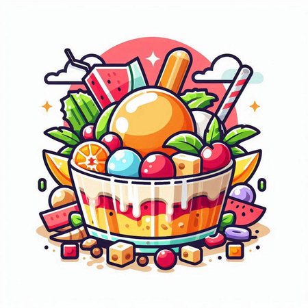 Vector illustration of ice cream with fruits and berries in cupcake.のイラスト素材