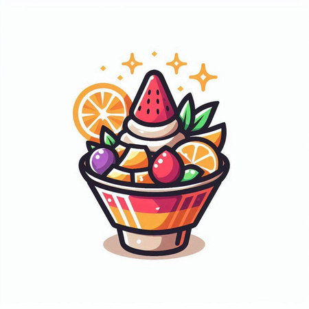 Fruit salad in a bowl isolated on white background. Vector illustration.のイラスト素材