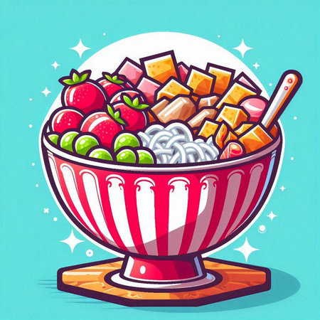 Vector illustration of bowl of oatmeal with fruits and berries in cartoon styleのイラスト素材