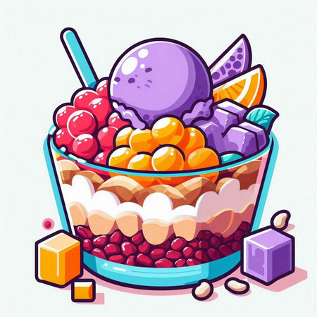 Vector illustration of ice cream in a bowl with fruits and berries.のイラスト素材