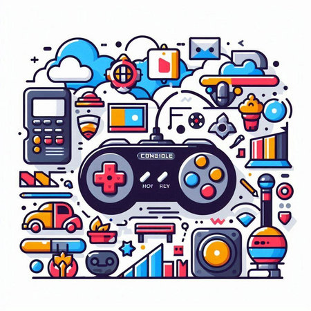 Vector line art illustration of game console with colorful buttons on white backgroundのイラスト素材
