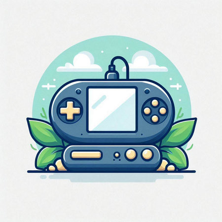 Retro videogame console with green leaves. Vector cartoon illustration.のイラスト素材