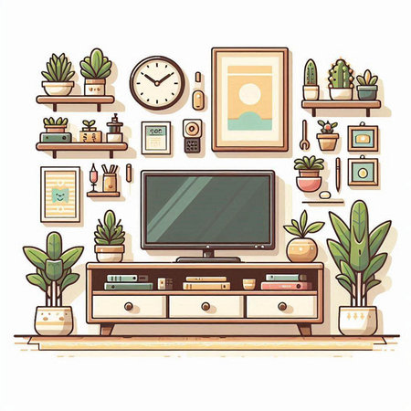 Living room interior with furniture and accessories. Vector illustration in flat styleのイラスト素材
