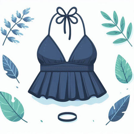 Vector illustration of a black swimsuit on a white background with leaves.のイラスト素材