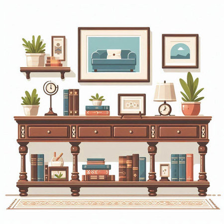 Living room interior with bookshelf, sofa and plants. Vector illustration.のイラスト素材