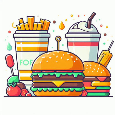 Fast food. Hamburger, french fries, soda. Vector illustrationのイラスト素材