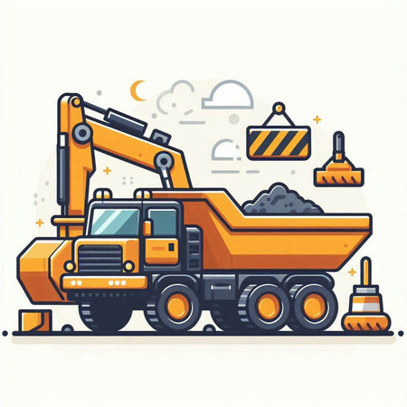 Vector illustration of heavy construction equipment in flat line style on white background.のイラスト素材