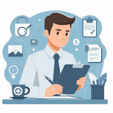 Businessman working at office. Vector illustration in flat cartoon style.のイラスト素材