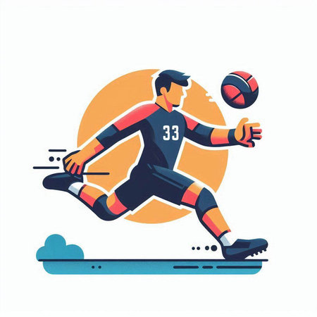 Soccer player kicks the ball. Vector illustration in flat style.のイラスト素材