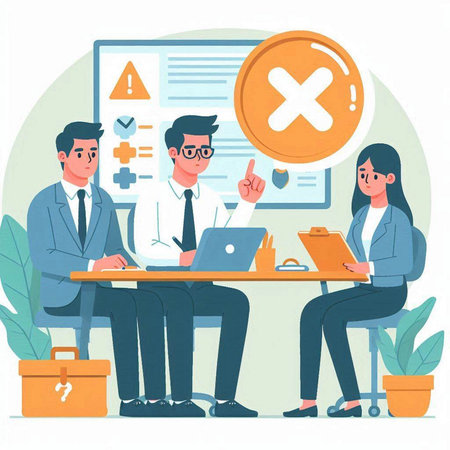 Man and woman sitting at table in office and looking at laptop screen. Teamwork concept. Vector illustration in cartoon styleのイラスト素材