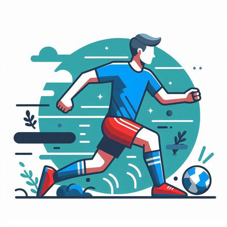 Soccer player running with ball. Vector illustration in flat style.のイラスト素材