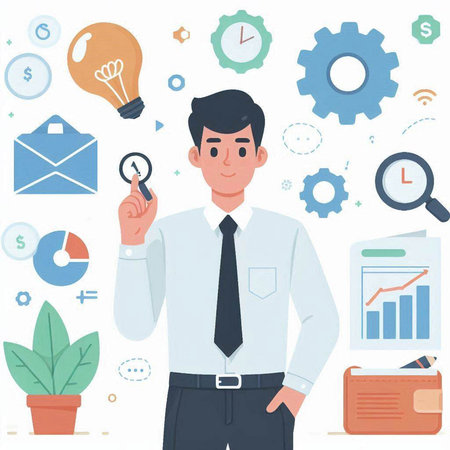 Businessman holding magnifying glass and searching for ideas. Vector illustrationのイラスト素材