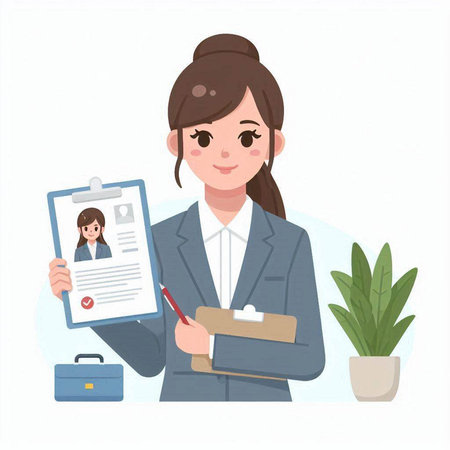 Businesswoman with clipboard and document. Vector illustration in a flat style.のイラスト素材