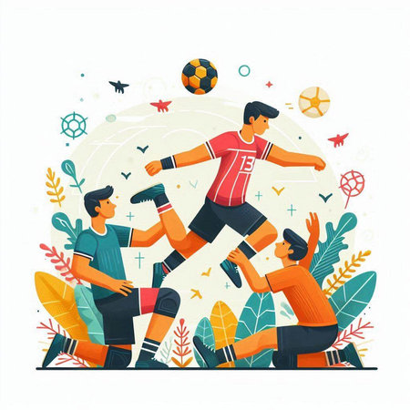 Soccer players in action on the field. Flat vector illustration.のイラスト素材
