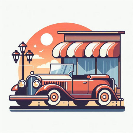 Retro car on the street. Vector illustration in flat style.のイラスト素材