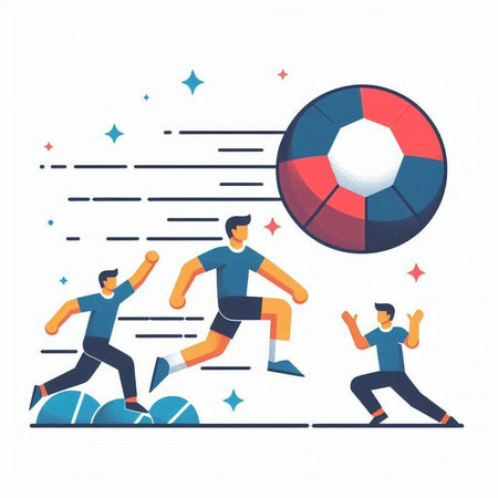 Football players in action with ball. Vector illustration in flat style.のイラスト素材