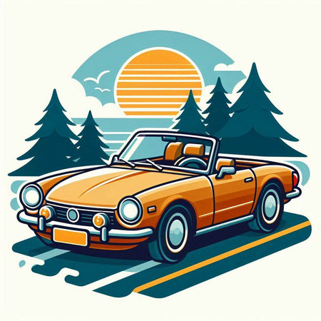 Retro car on the road. Vector illustration in retro style.のイラスト素材