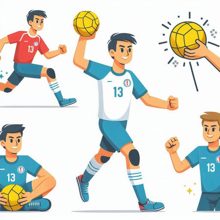 Soccer players set. Cartoon vector illustration of soccer players with ball.のイラスト素材