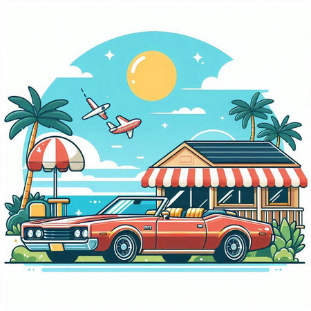 Retro car on the beach with palm trees. Vector illustration.のイラスト素材