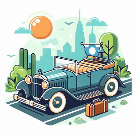 Retro car on the background of the city. Vector illustration.のイラスト素材