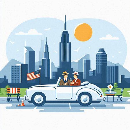 Couple in retro car with american flag. Vector illustration.のイラスト素材