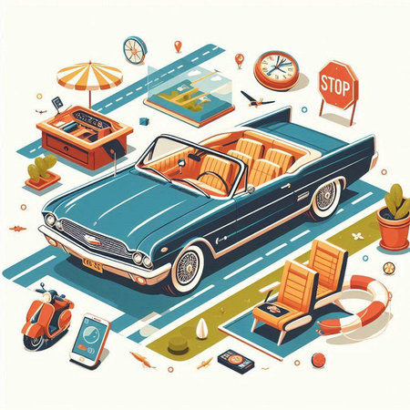 Retro car isometric vector illustration. Retro car on the road.のイラスト素材