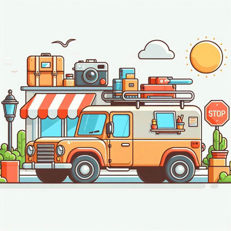 Vintage travel van with luggage and camera. Vector illustration in flat styleのイラスト素材