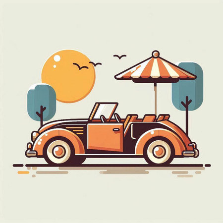 Retro car with umbrella and trees. Vector illustration in flat styleのイラスト素材