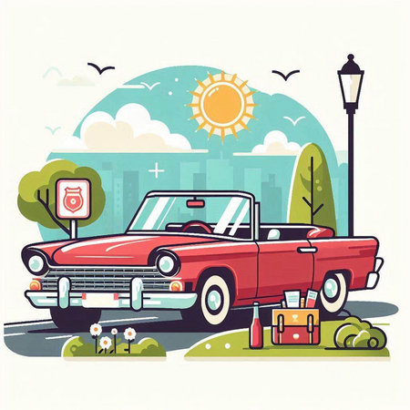 Vintage car on the road. Vector illustration in flat style.のイラスト素材