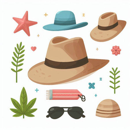 Set of hats, sunglasses, starfish, leaves and other elements. Vector illustrationのイラスト素材