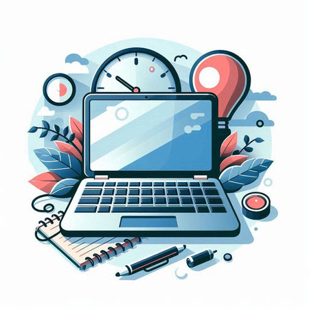 Vector illustration of a laptop on the background of the office. Laptop and stationery.のイラスト素材