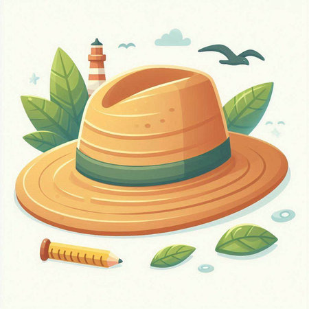 Vector illustration of a straw hat with leaves and a pencil on a white backgroundのイラスト素材