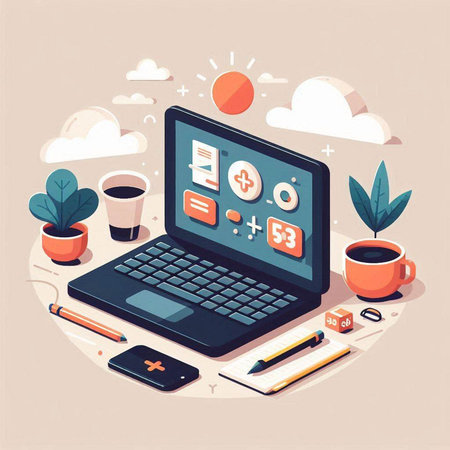 Laptop with business and finance icons. Flat design vector illustration.のイラスト素材