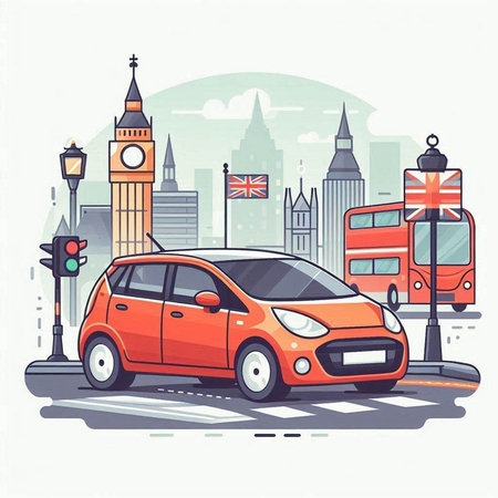Car on the road in London, United Kingdom. Vector illustration.のイラスト素材