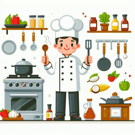 Chef in the kitchen. Vector illustration in flat style. Cooking concept.のイラスト素材