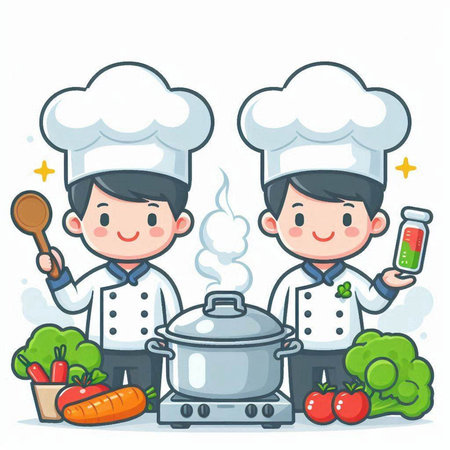 Chef and cook with cooking equipment. Vector illustration in cartoon style.のイラスト素材