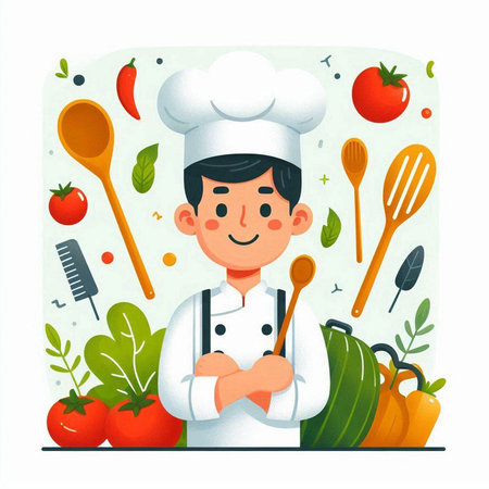 Cartoon vector illustration of a male chef standing in front of a kitchen table with vegetables.のイラスト素材