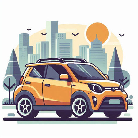 Modern car on the background of the city. Vector illustration in flat styleのイラスト素材