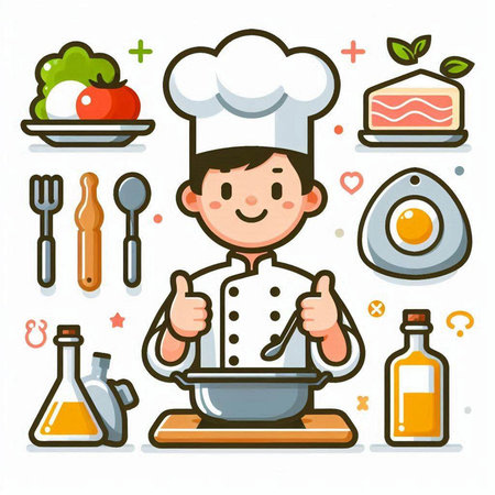 Chef boy with food and cooking icons. Vector illustration in flat styleのイラスト素材