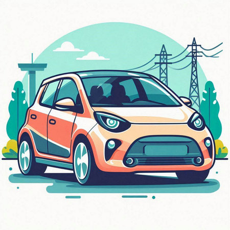 Modern electric car on the background of the city. Vector illustration.のイラスト素材