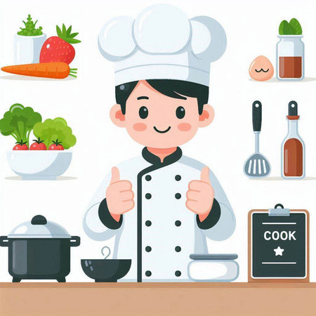 Illustration of a Cute Male Chef in His Kitchen Showing Thumbs Upのイラスト素材