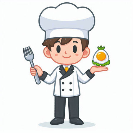 Chef boy with fried egg and fork. Vector illustration in cartoon styleのイラスト素材